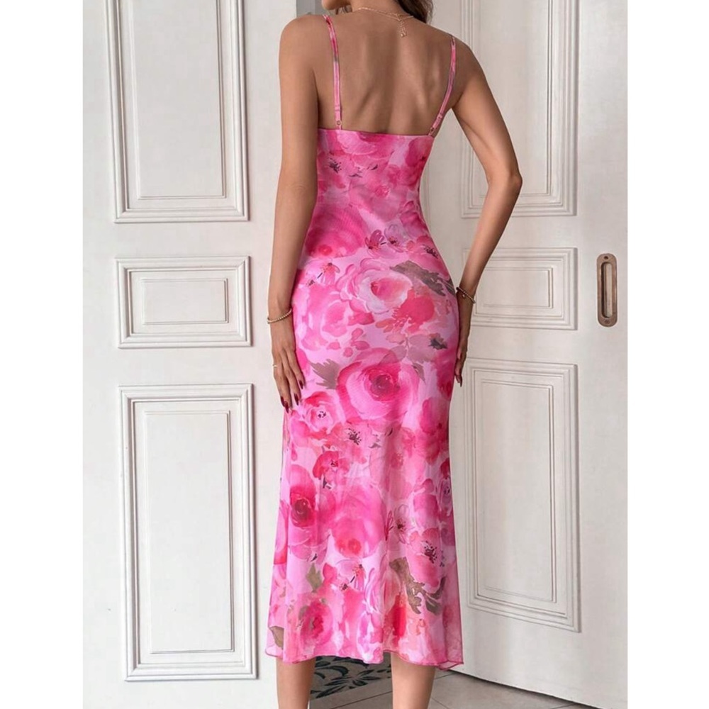 Pink Floral Rose Mesh Maxi Dress - Picture 2 of 7